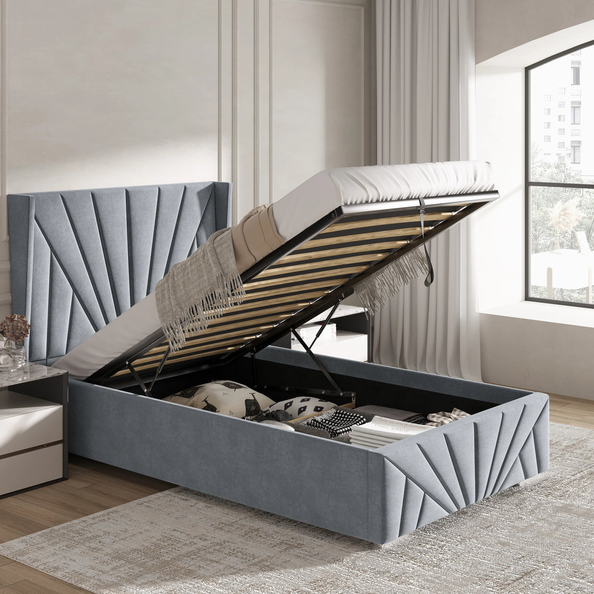 Single size Sunrise Ottoman Bed Frame in grey velvet with lifted mattress showing spacious underbed storage for bedding and essentials.