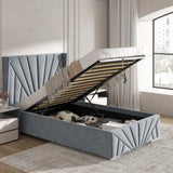 Single size Sunrise Ottoman Bed Frame in grey velvet with lifted mattress showing spacious underbed storage for bedding and essentials.
