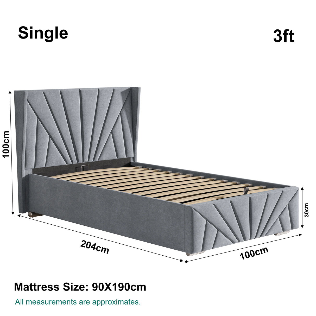 Dimensions of single size Velvet Ottoman Storage Bed with Sunrise headboard, measuring 204cm x 100cm, mattress size 90x190cm.