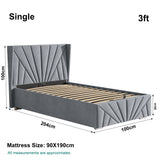 Dimensions of single size Velvet Ottoman Storage Bed with Sunrise headboard, measuring 204cm x 100cm, mattress size 90x190cm.