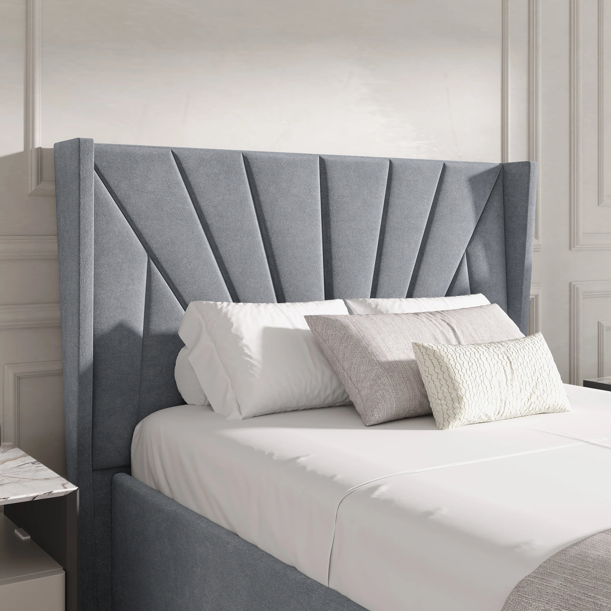 Close-up of Sunrise-style headboard on grey Velvet Ottoman Storage Bed, showcasing elegant vertical panel design and plush upholstery.