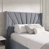 Close-up of Sunrise-style headboard on grey Velvet Ottoman Storage Bed, showcasing elegant vertical panel design and plush upholstery.
