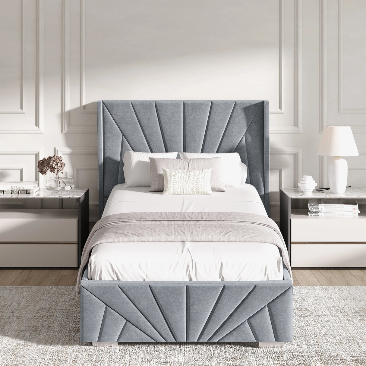 Front view of grey single Velvet Ottoman Bed Frame with Sunrise headboard, styled in a luxury bedroom with neutral decor.