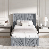 Front view of grey single Velvet Ottoman Bed Frame with Sunrise headboard, styled in a luxury bedroom with neutral decor.
