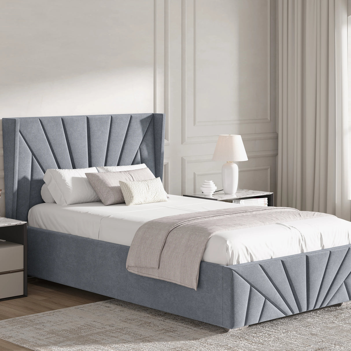 Grey Velvet Ottoman Storage Bed in single size with Sunrise-inspired headboard, ideal for modern bedrooms with built-in underbed storage.