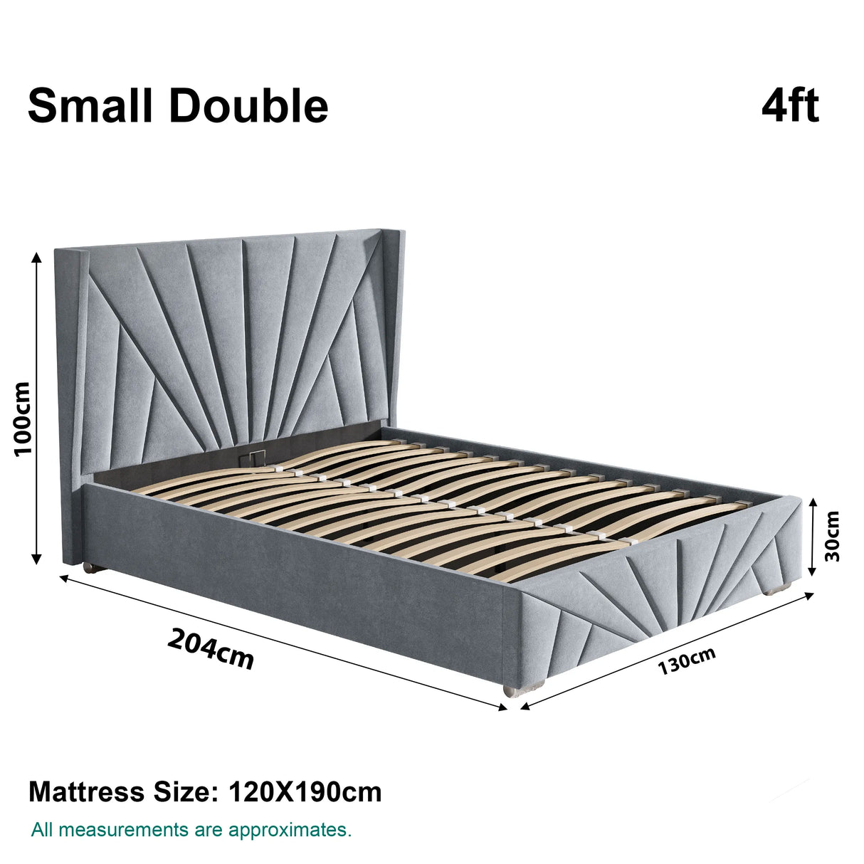 Grey small double Velvet Ottoman Bed Frame size chart: 204cm x 130cm, mattress size 120x190cm, with 30cm lift-up storage.