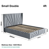 Grey small double Velvet Ottoman Bed Frame size chart: 204cm x 130cm, mattress size 120x190cm, with 30cm lift-up storage.