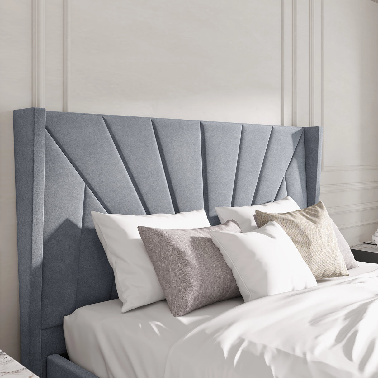 Close-up of grey Sunrise-style headboard on small double Velvet Ottoman Bed, highlighting plush vertical panel design.