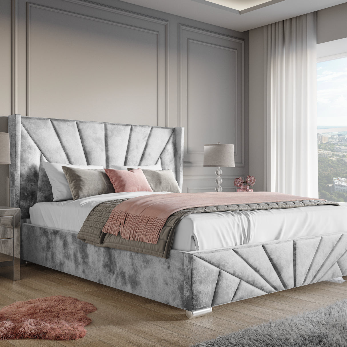 Crushed Velvet Ottoman Storage Bed Silver -Sunrise Bed Frame features a luxurious silver crushed velvet finish with end lift-up storage and elegant panel design.