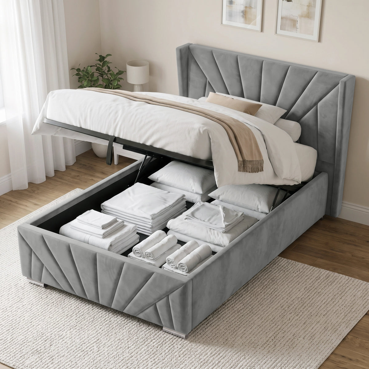 [Small Double | Grey] upholstered storage bed with a raised footboard and matching headboard, shown in a styled bedroom with white bedding