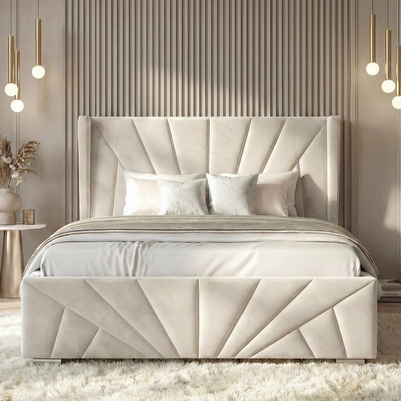 [Double | Beige] Symmetrical front-on view of double sunburst bed with geometric footboard against ribbed accent wall