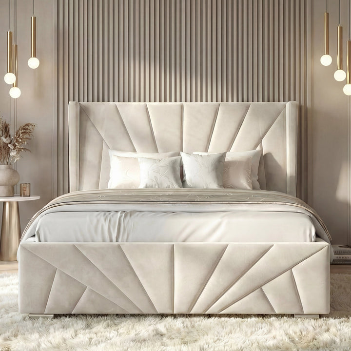 [Double | Beige] Symmetrical front-on view of double sunburst bed with geometric footboard against ribbed accent wall