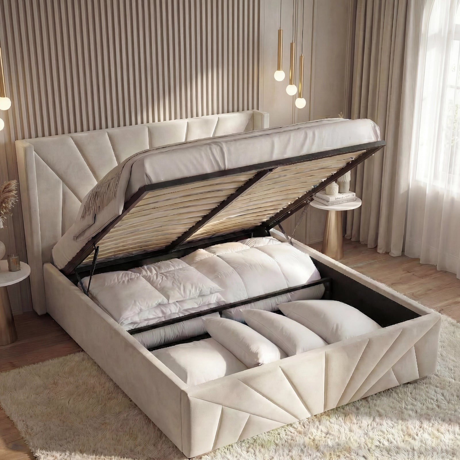 [Double | Beige] Double sunrise ottoman bed with gas-lift raised revealing deep storage with duvets and pillows inside