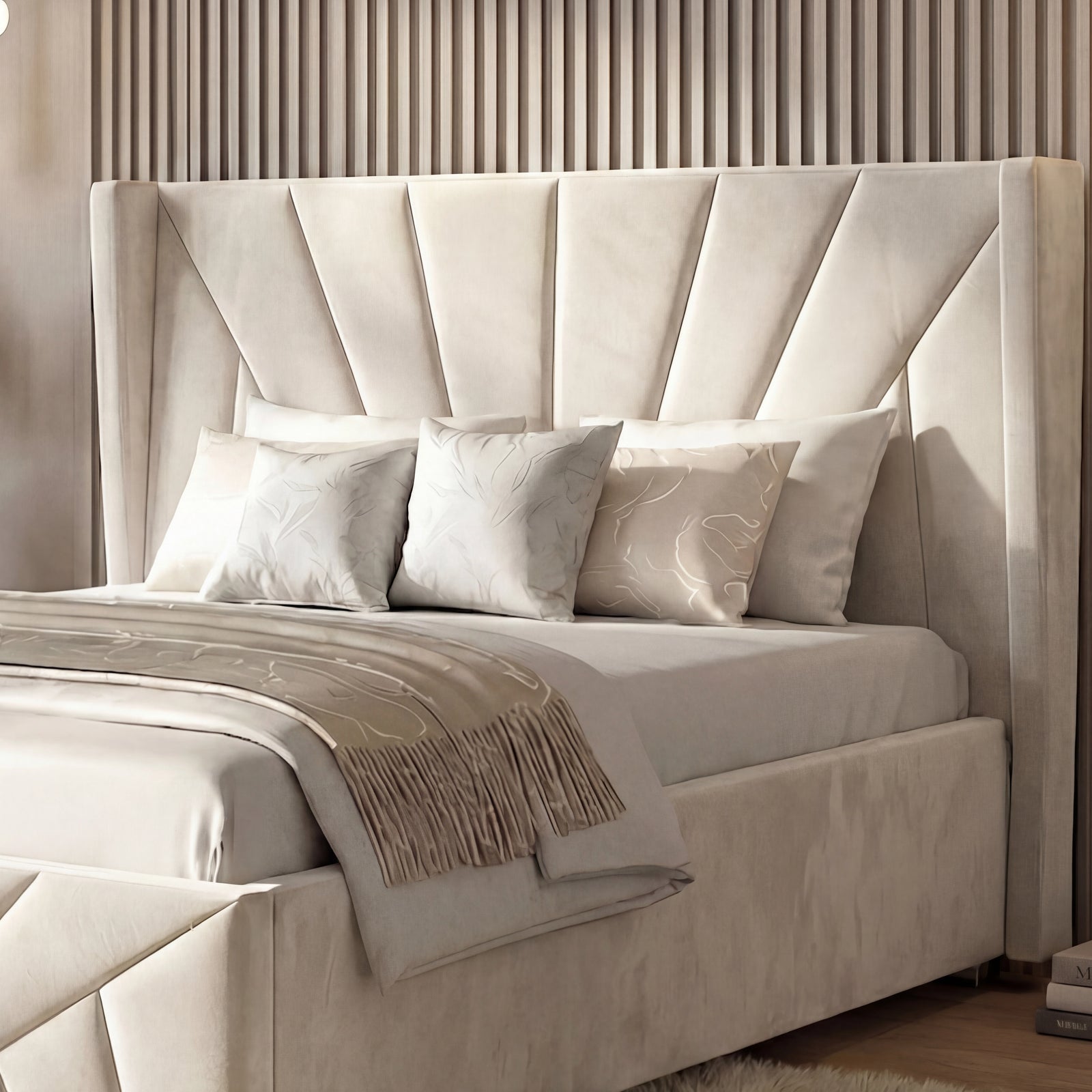 [Double | Beige] Headboard close-up on double sunrise bed displaying art deco fan pattern with throw and pillows