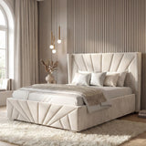 [Double | Beige] Double sunrise ottoman bed in beige velvet styled with two brass globe pendant lights on left