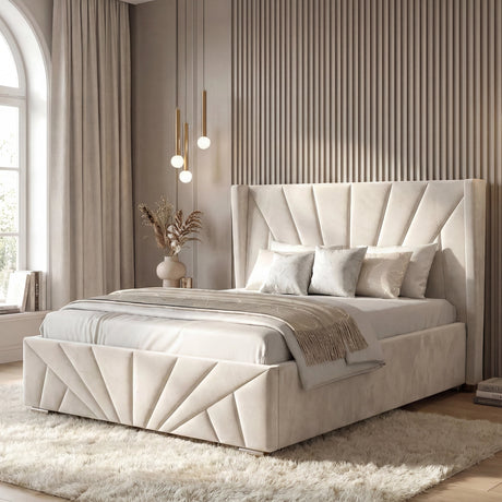 [Double | Beige] Double sunrise ottoman bed in beige velvet styled with two brass globe pendant lights on left