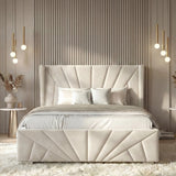 [King | Beige] King sunrise ottoman bed in beige velvet front-on with four brass globe pendant lights flanking