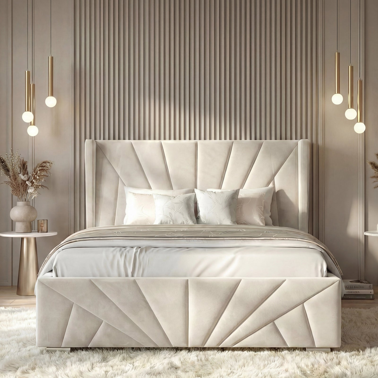 [King | Beige] King sunrise ottoman bed in beige velvet front-on with four brass globe pendant lights flanking