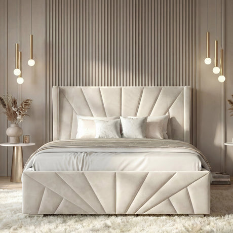 [King | Beige] King sunrise ottoman bed in beige velvet front-on with four brass globe pendant lights flanking