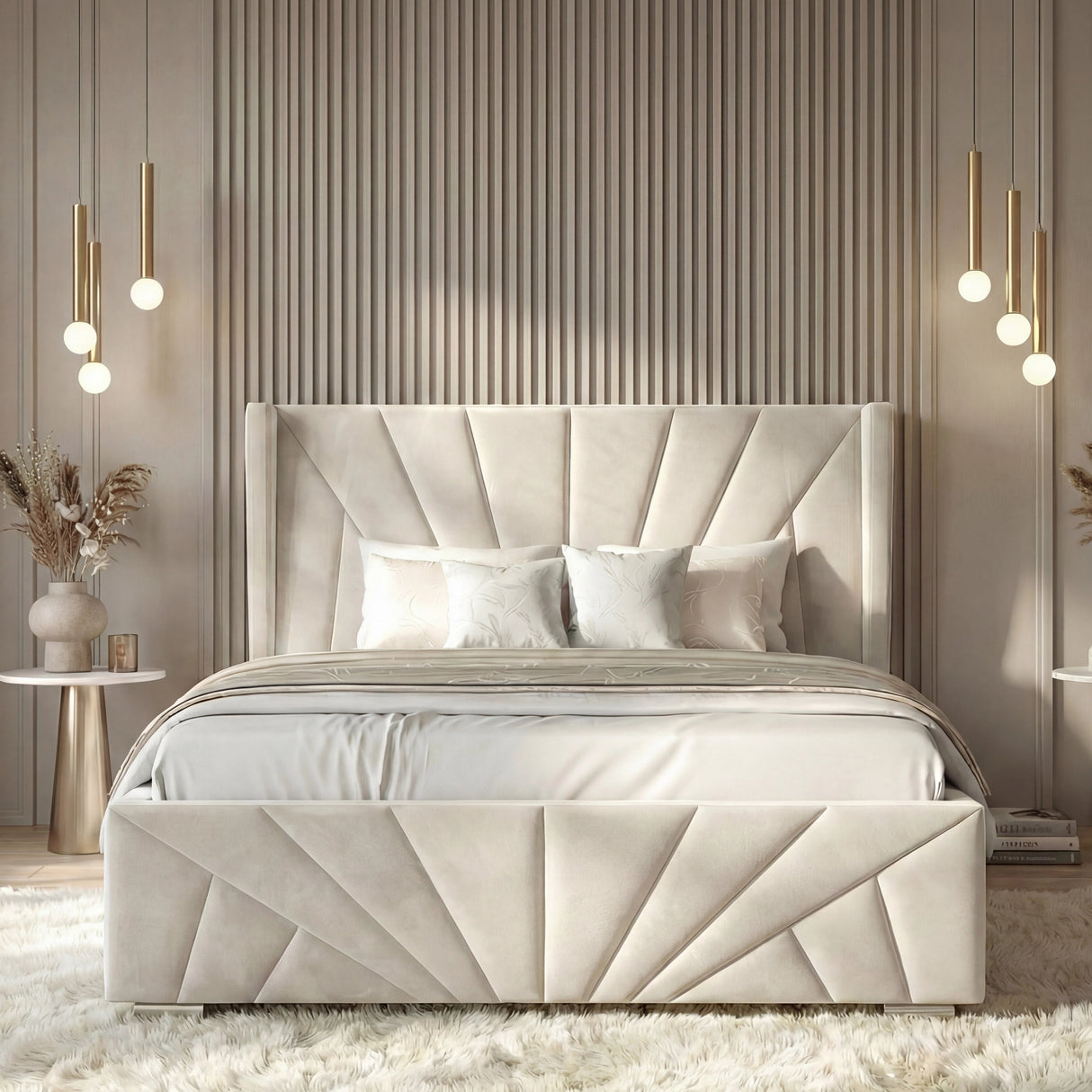 [King | Beige] Head-on view of king velvet bed with sunrise design in contemporary room with slatted wall feature