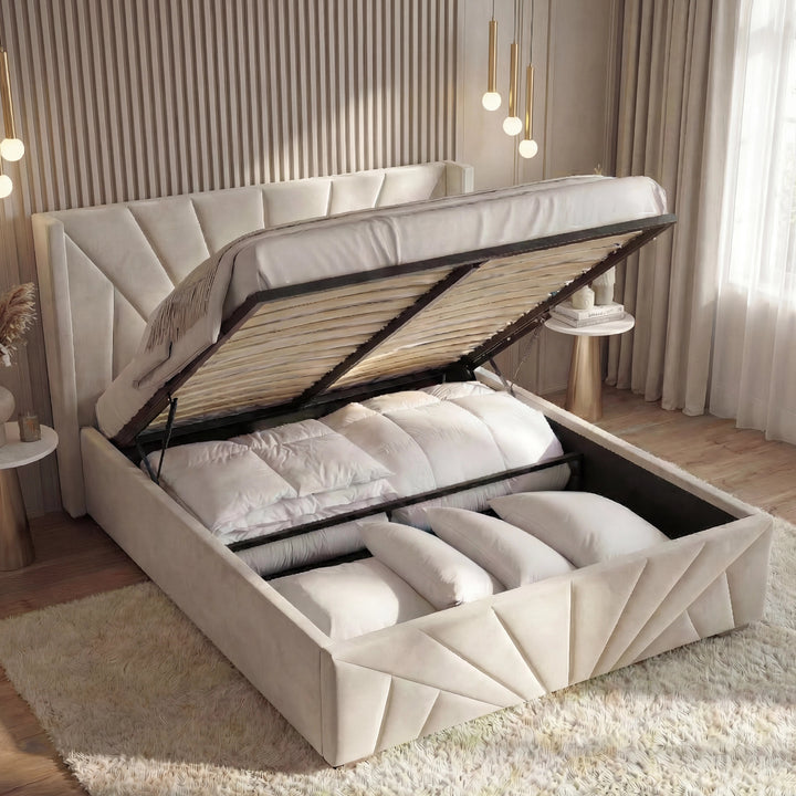 [King | Beige] King sunrise bed with gas-lift raised revealing deep under-bed storage with duvets and pillows
