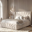 [King | Beige] King ottoman bed with sunrise-pattern headboard in room with ribbed accent wall and globe pendants