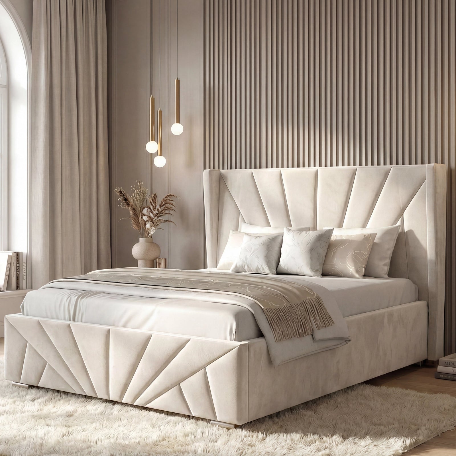 [King | Beige] King ottoman bed with sunrise-pattern headboard in room with ribbed accent wall and globe pendants