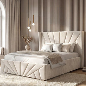 [King | Beige] King ottoman bed with sunrise-pattern headboard in room with ribbed accent wall and globe pendants
