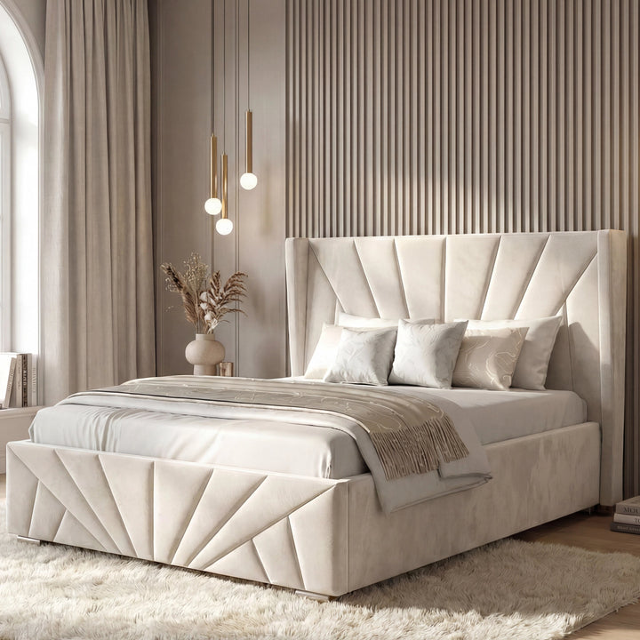 [King | Beige] King ottoman bed with sunrise-pattern headboard in room with ribbed accent wall and globe pendants