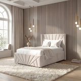 [Single | Beige] Single ottoman bed with sunburst headboard and geometric footboard in grand room with pendant lighting