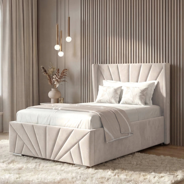 [Single | Beige] Single ottoman bed with sunburst headboard and geometric footboard in grand room with pendant lighting