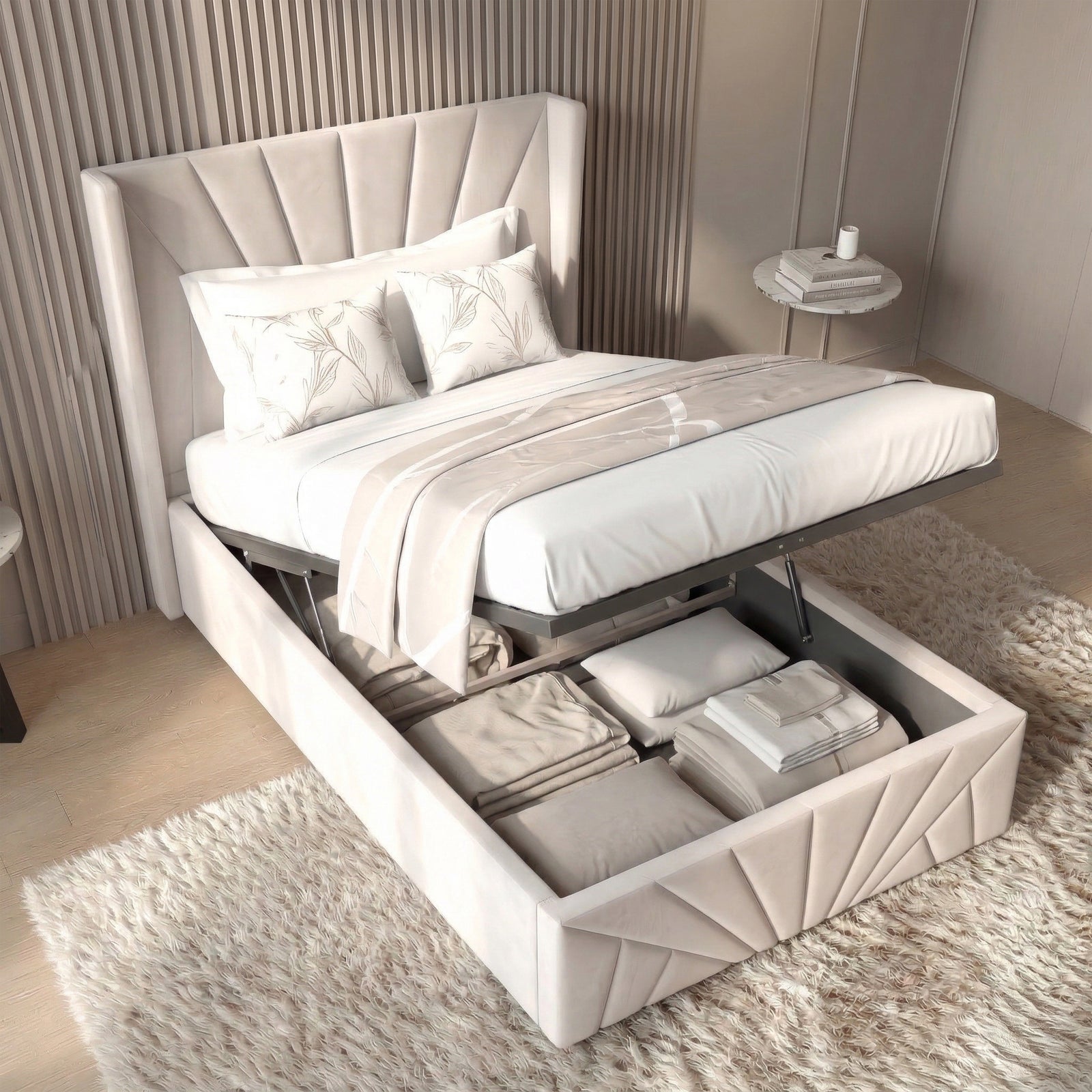 [Single | Beige] Single sunrise ottoman bed with gas-lift open revealing spacious under-bed storage with folded linens inside