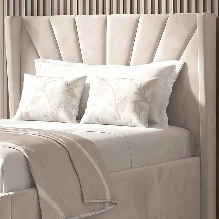 [Single | Beige] Beige single sunrise ottoman bed headboard close-up showing fan-pleat seams radiating from centre