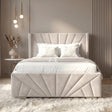 [Single | Beige] Single sunrise ottoman bed in beige velvet beneath cluster of brass globe pendant lights