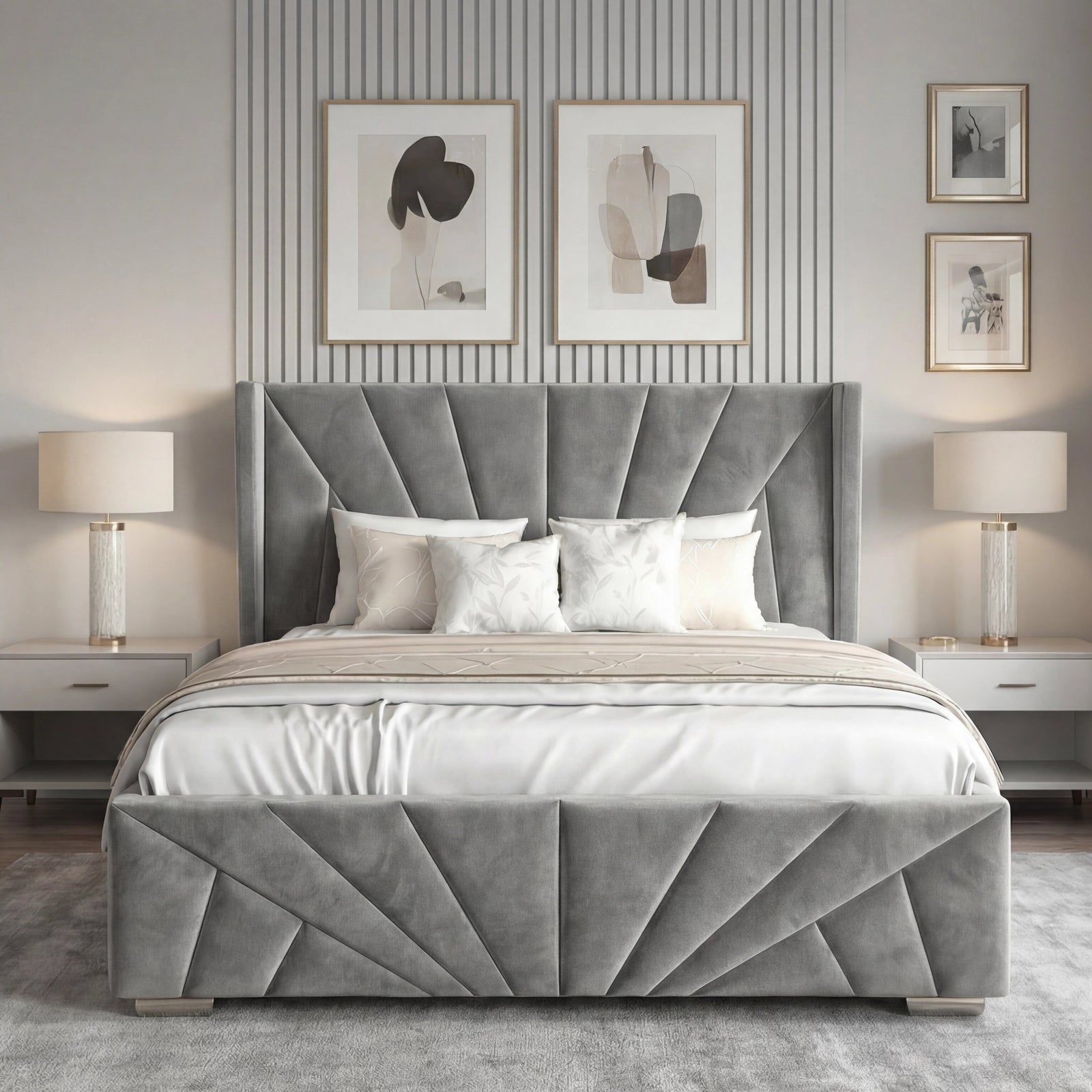 [Double | Dark Grey] Symmetrical view of dark grey sunburst bed with geometric footboard against striped wall and gallery art