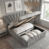 [Double | Dark Grey] Sunrise ottoman bed double in dark grey velvet with storage base open and bedding stored within