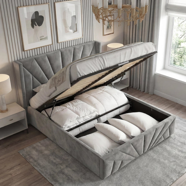 [Double | Dark Grey] Sunrise ottoman bed double in dark grey velvet with storage base open and bedding stored within