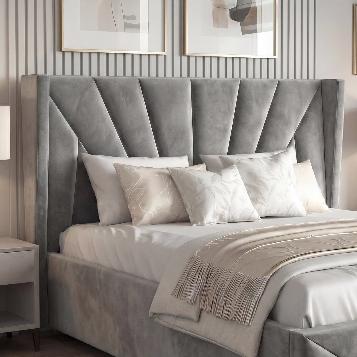 [Double | Dark Grey] Headboard close-up on dark grey double sunrise bed with fan pattern and striped wallpaper behind