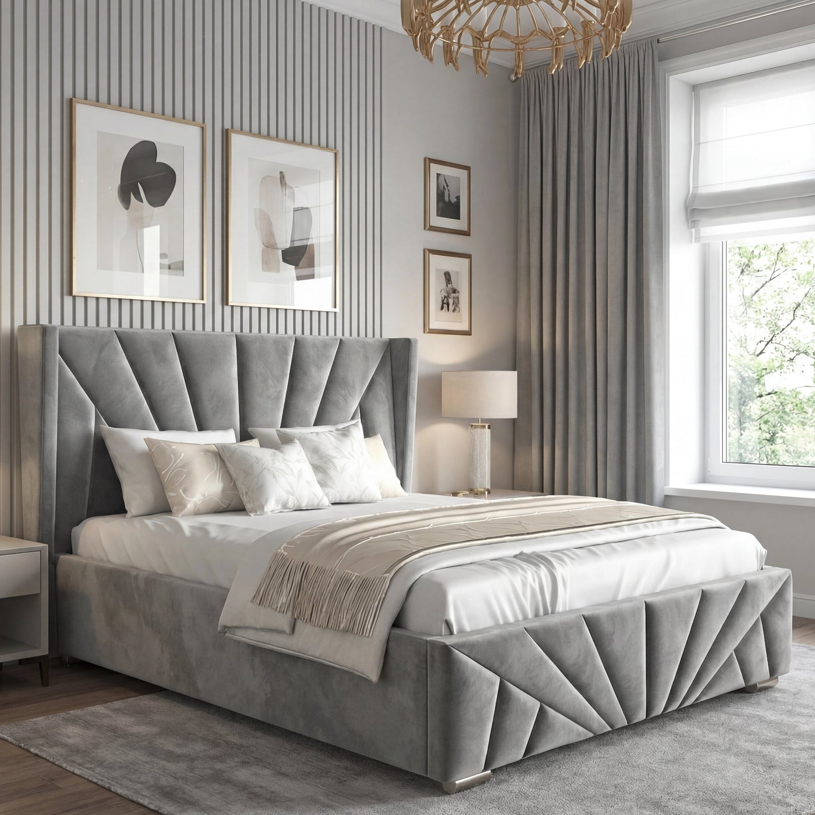 [Double | Dark Grey] Double velvet bed with radiating fan headboard and geometric footboard against striped accent wall