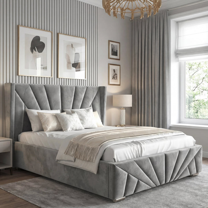 [Double | Dark Grey] Double velvet bed with radiating fan headboard and geometric footboard against striped accent wall