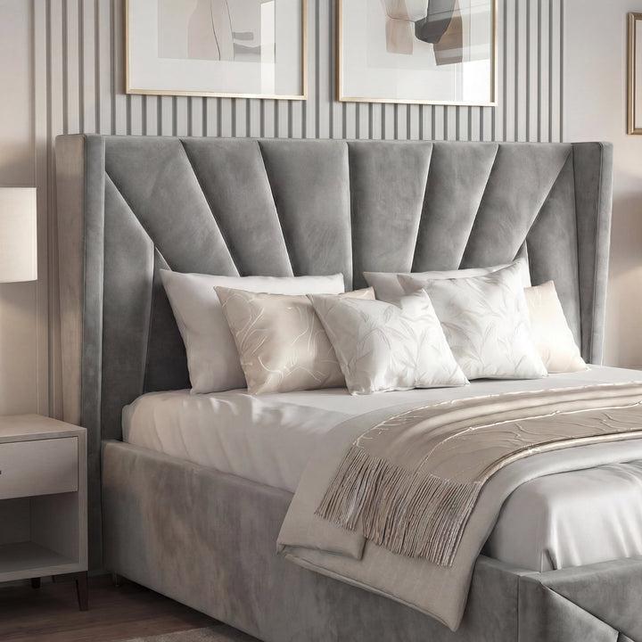 [Small Double | Dark Grey] Sunrise headboard detail showing radiating velvet pleats with decorative cushions and fringed