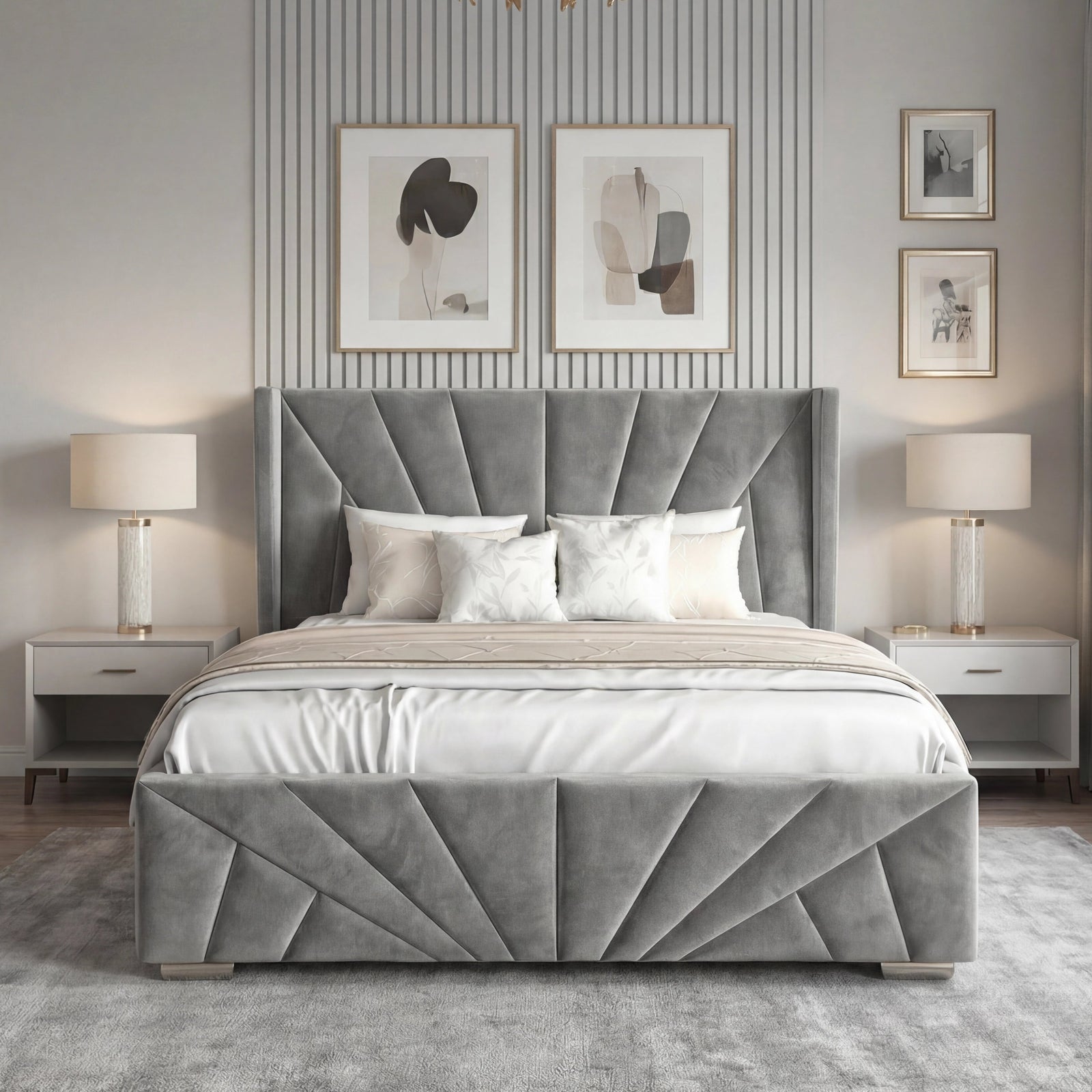 [King | Dark Grey] Symmetrical view of dark grey sunburst bed with geometric footboard in striped room with gallery wall
