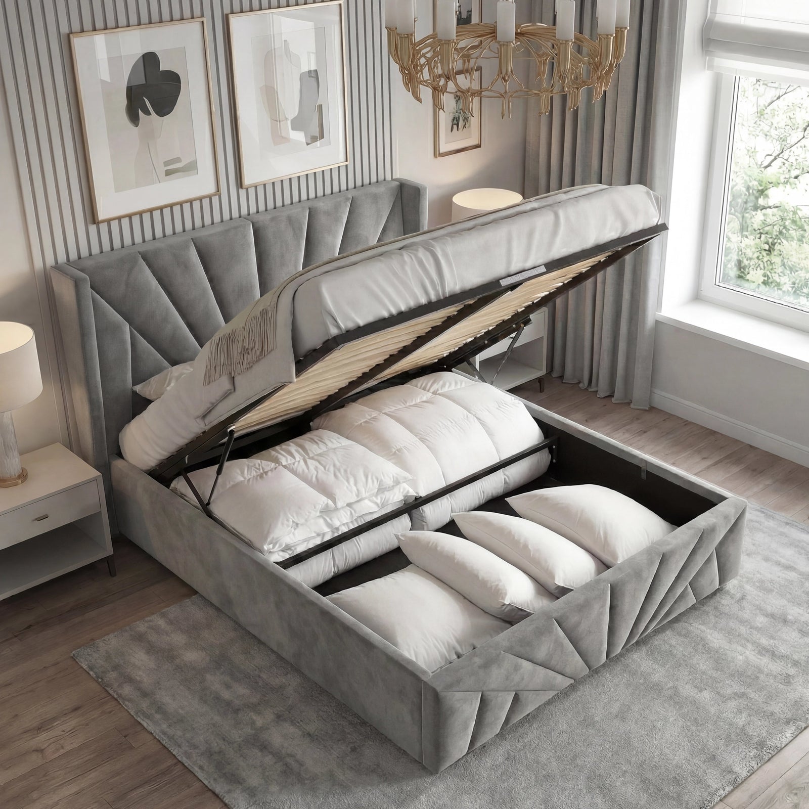 [King | Dark Grey] Lift-up base on dark grey king sunrise bed showing storage beneath crystal chandelier