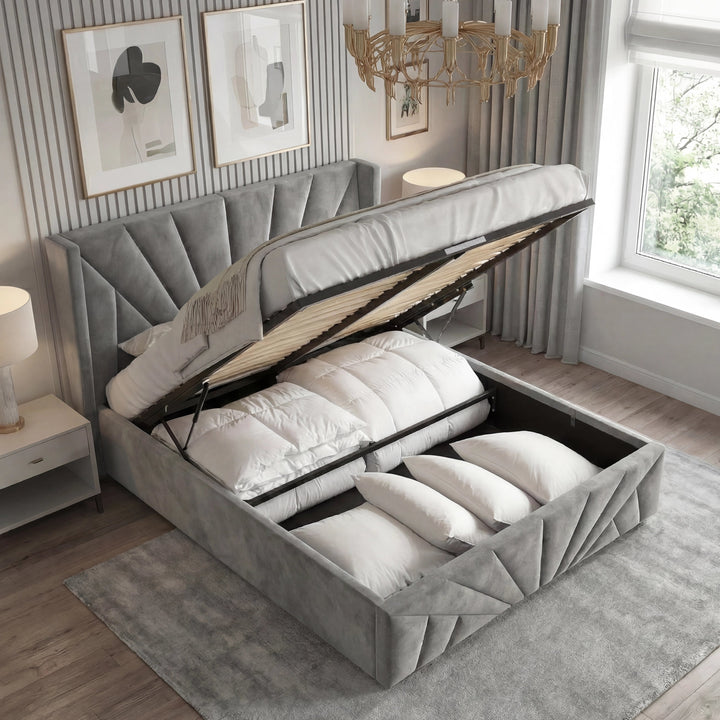 [King | Dark Grey] Lift-up base on dark grey king sunrise bed showing storage beneath crystal chandelier