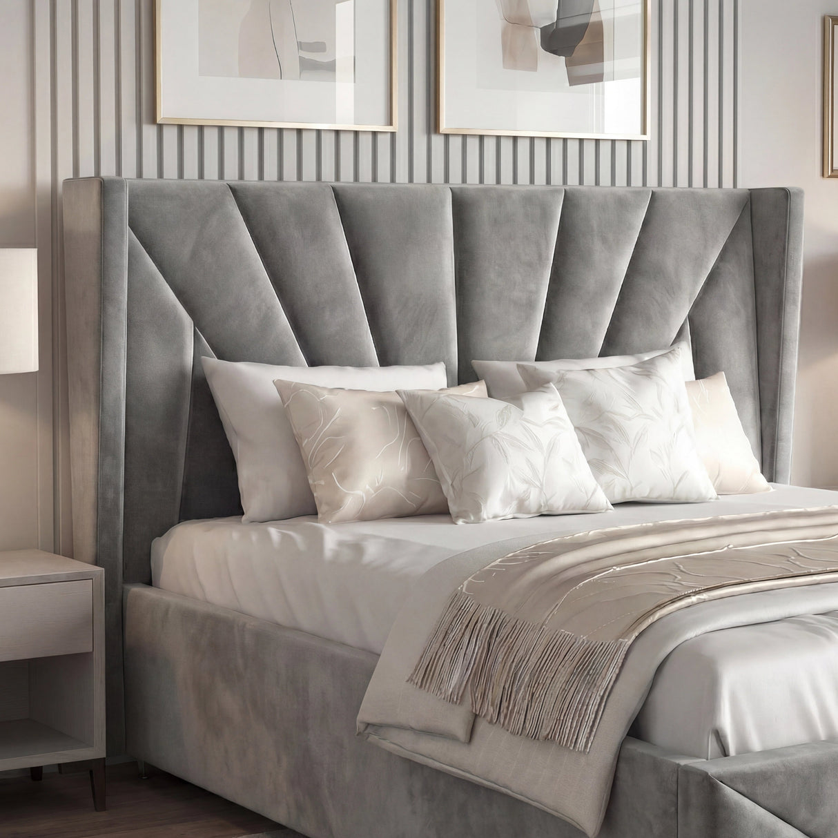 [King | Dark Grey] Detail of dark grey sunburst headboard showing deep velvet channels with cushions and fringed throw