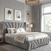 [King | Dark Grey] King sunrise ottoman bed in dark grey velvet styled beneath beaded crystal chandelier