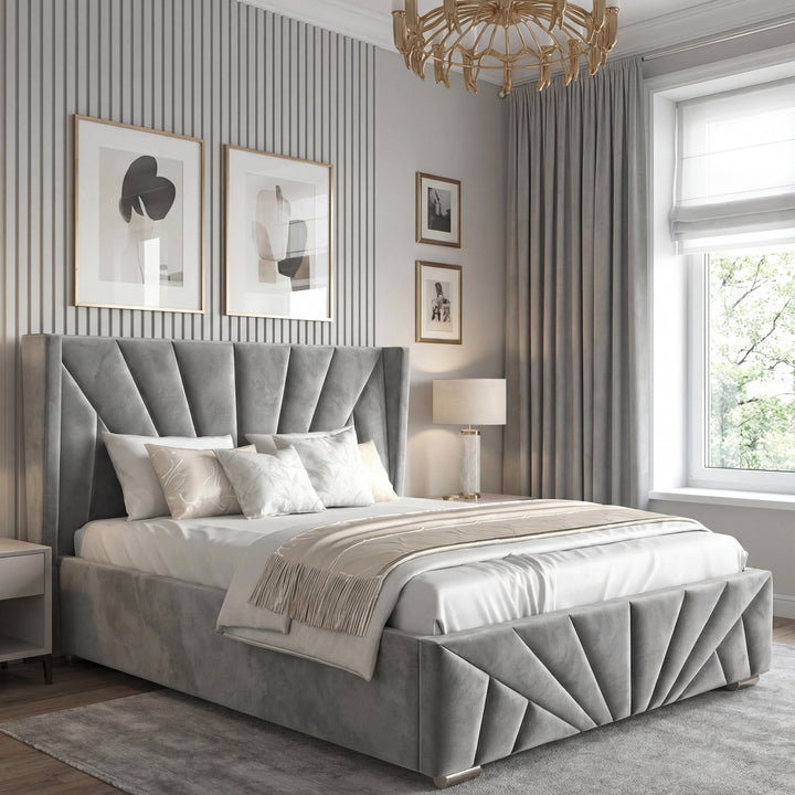 [King | Dark Grey] King sunrise ottoman bed in dark grey velvet styled beneath beaded crystal chandelier