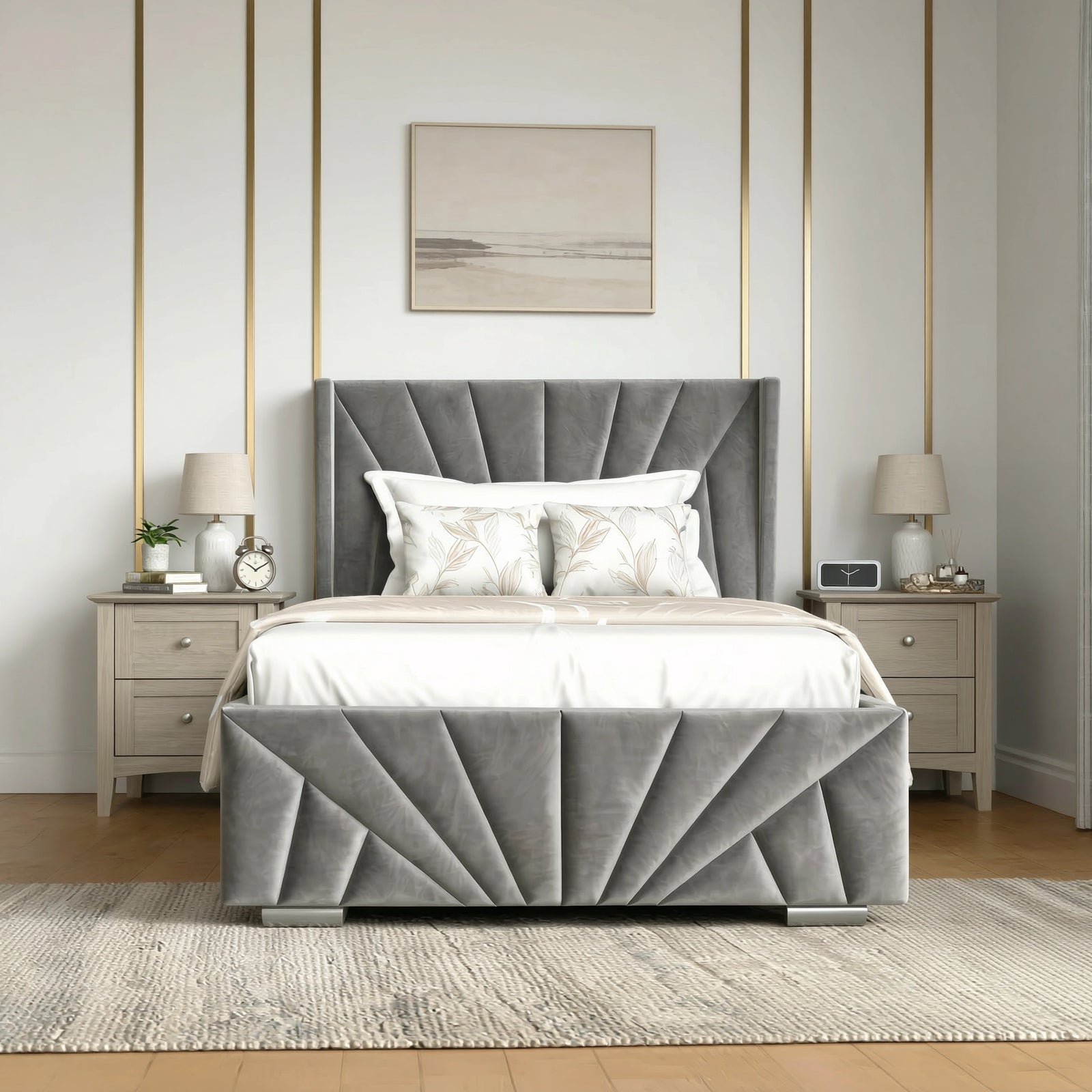 [Single | Dark Grey] Front view of single bed with sunburst-pleated winged headboard flanked by nightstands with table lamps