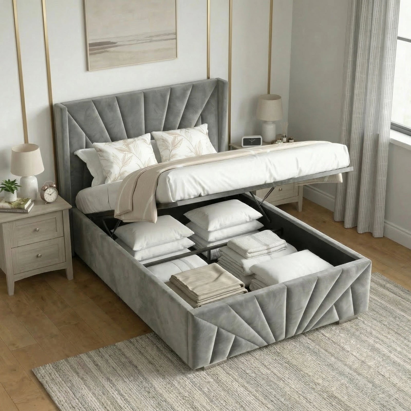 [Single | Dark Grey] Single ottoman storage open on dark grey sunrise bed revealing folded linens and cushions