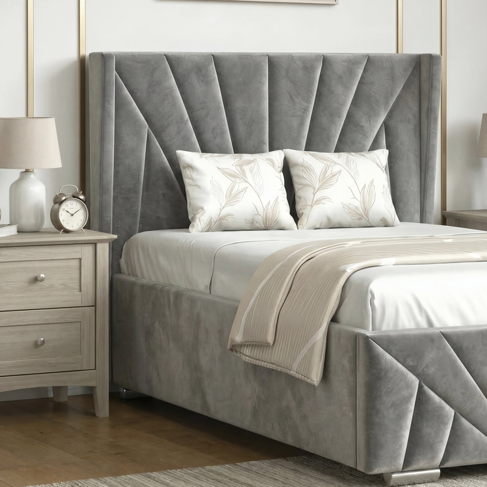 [Single | Dark Grey] Sunrise headboard detail with radiating velvet pleats and botanical print cushions against classic wall